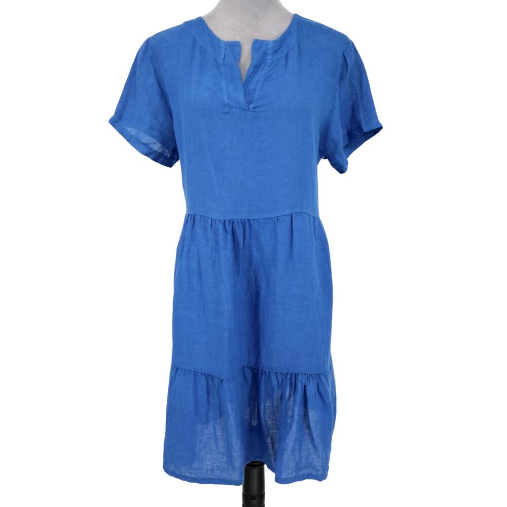 Made In Italy Dress Womens 10 Blue Linen Tiered Lightweight Short Sleeve Beach